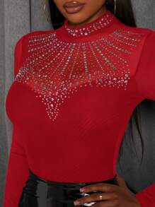 Slaydiva Women's Valentine's Day Sheer Bodycon Turtle Neck Rhinestone And Mesh Panel Bodysuit - Red - View 1
