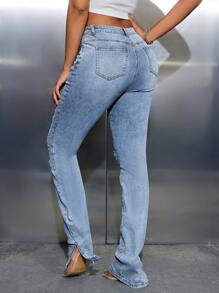 Women'S Distressed High Slit Hem Denim Pants - Blue - View 2