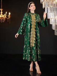 Al Najma 女士烫金印花刺绣荷叶边长款 Jalabiya 连衣裙，优雅晚会礼服