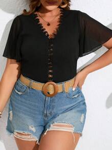 SHEIN Frenchy Kích thước lớn Màu thuần Trang trí ren Áo thun - màu đen - Xem 1