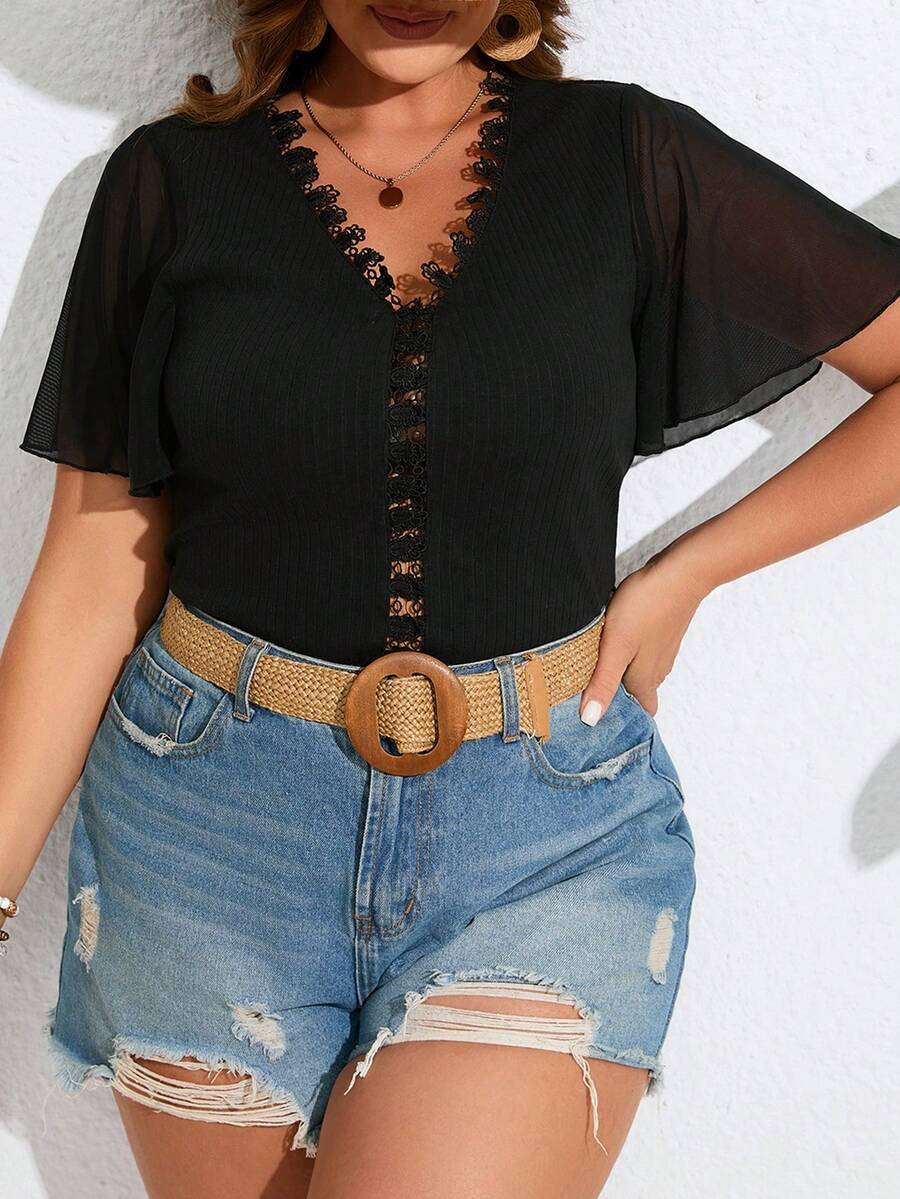 SHEIN Frenchy Kích thước lớn Màu thuần Trang trí ren Áo thun - màu đen - Xem 1