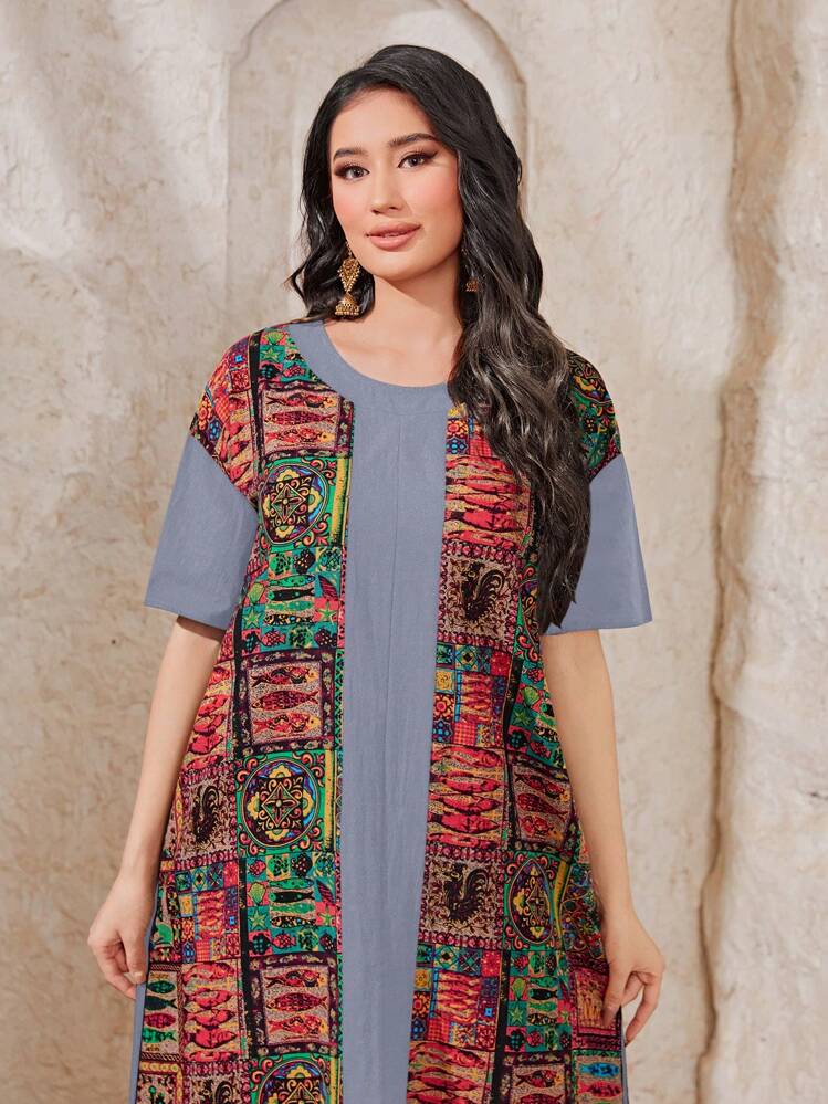 Al Najma Vestido Casual Holgado Con Estampado De Patchwork Y Cuello Redondo - Gris - Ver 5