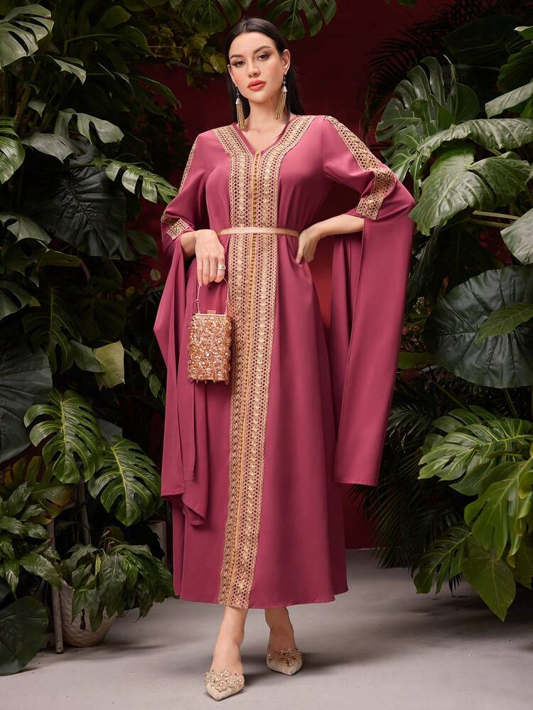 Women's Patchwork Woven Belt Detail Split Sleeve Turkish Long Shirt Kaftan Jalabiya Dress