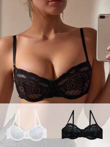 SHEIN Women's Lace Cami Bra Lingerie - Black and White - View 1