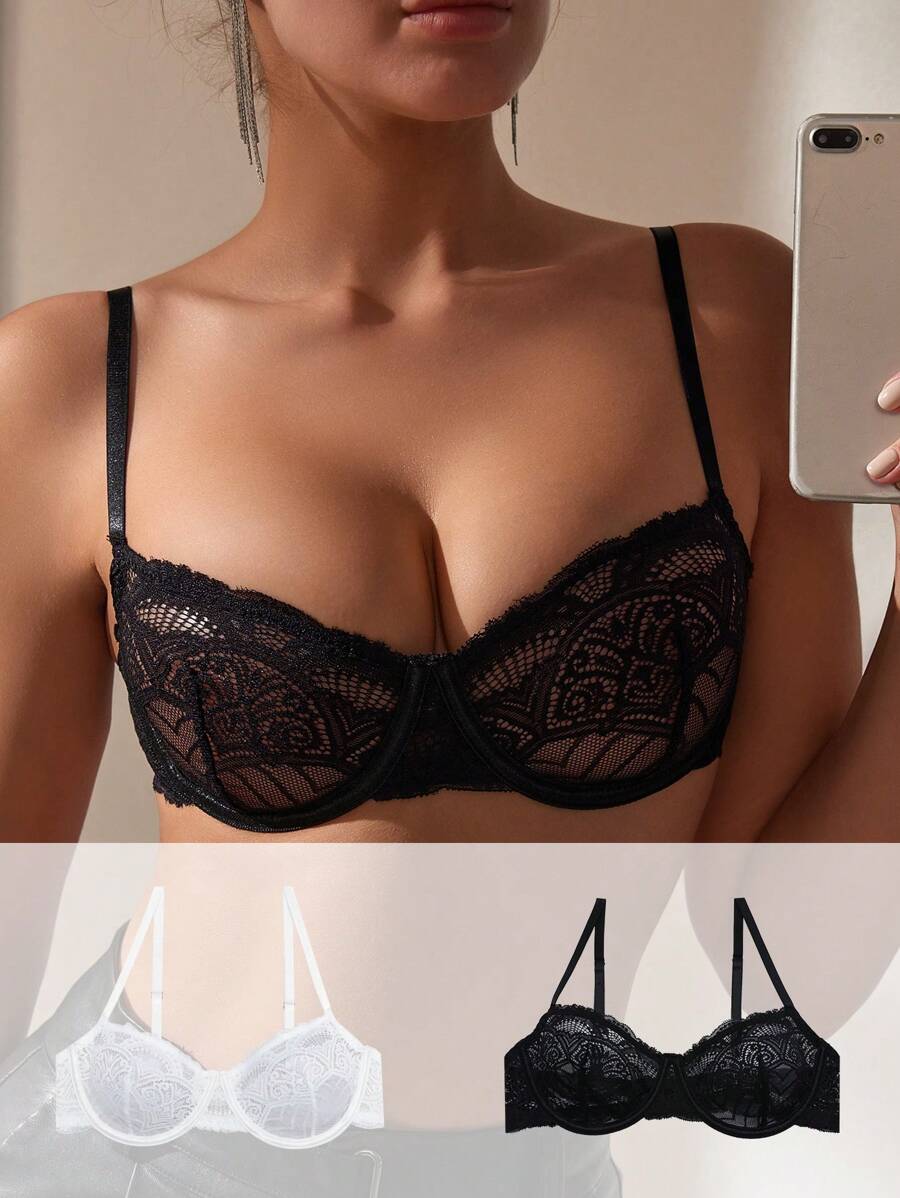 SHEIN Women's Lace Cami Bra Lingerie - Black and White - View 1