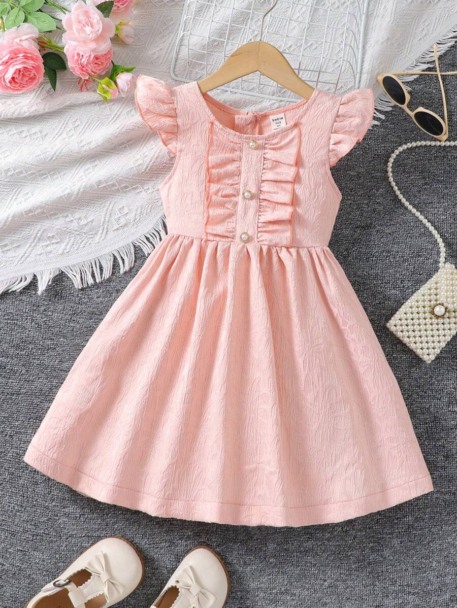 SHEIN Young Girls' Short Sleeve Embossed Dress With Ruffle Trim