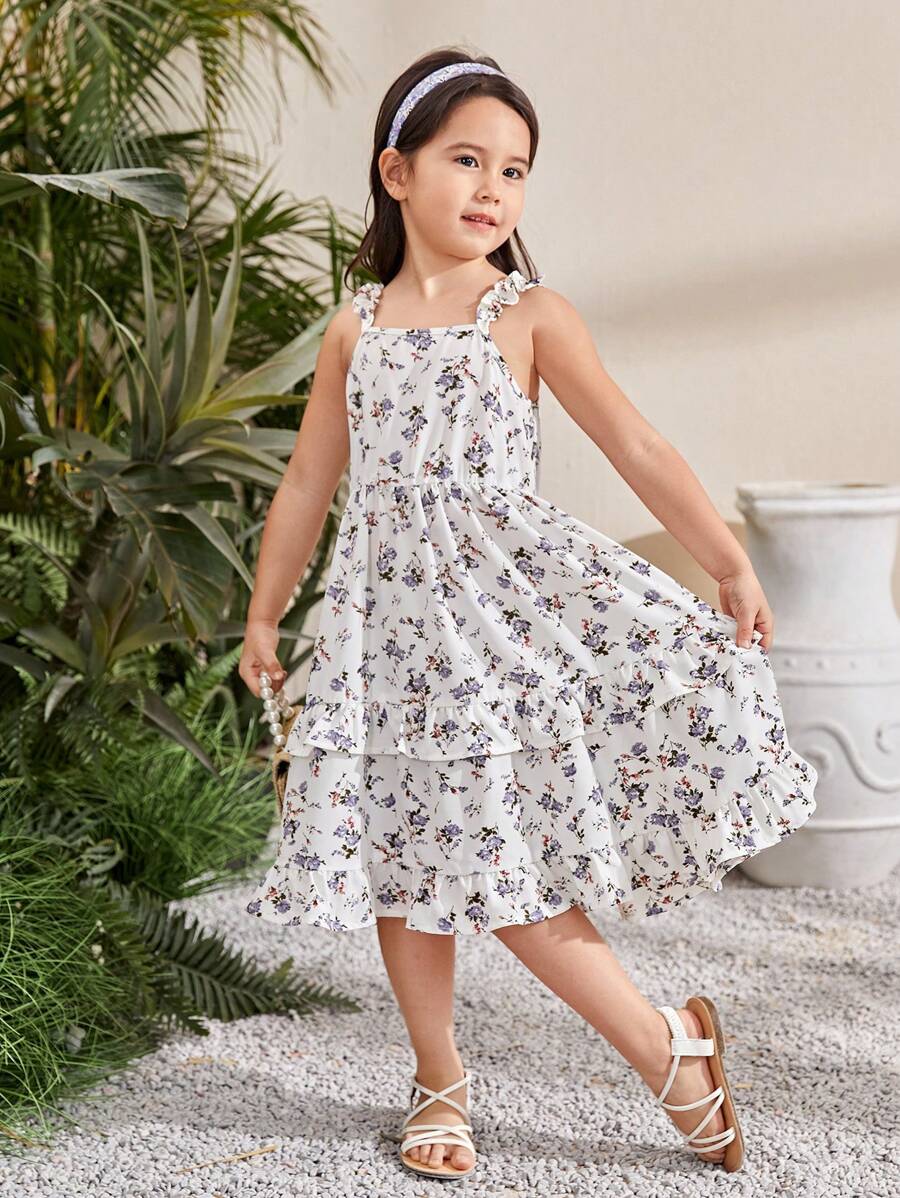 SHEIN Gaun Gadis Muda Frill Simpul Tiered Layer Bunga All Over Print Boho - Putih - View 1
