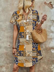 EMERY ROSE 女士夏季短袖V领拼接花卉中长连衣裙 - 彩色 - 查看 3