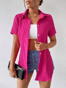 Zolique Women'S Solid Button Front Textured Shirt,Short Sleeve Tops - Hot Pink - View 5