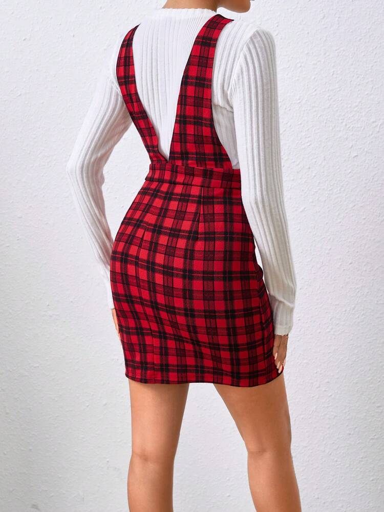 Plaid Print Button Front Overall Dress Without Tee