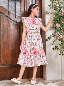 SHEIN Tween Girls' Floral Printed Sleeveless Shirt With Ruffled Collar And Backless Design & Ruffle Trim Skirt Two Pieces Set - Multicolor - View 1