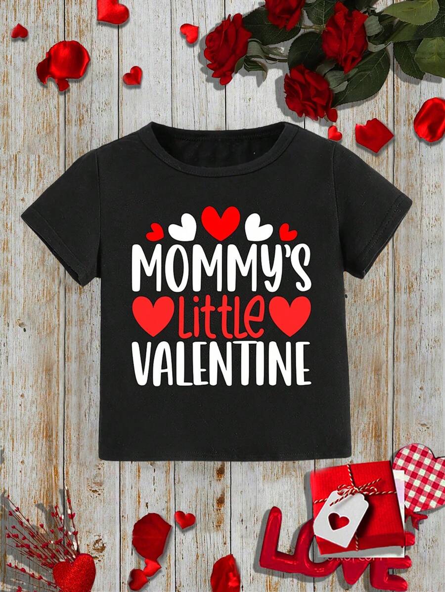 SHEIN Leap Crew Baby Boy's Casual Simple Heart & Letter Print Short Sleeve Top Suitable For Summer - Black - View 1