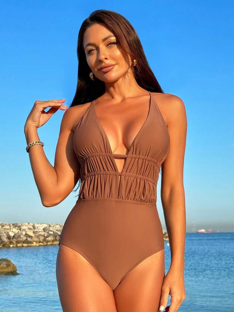 Ladies' Deep V-Neck Crisscross Backless One-Piece Swimsuit Carnival Summer