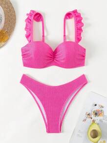 Women's Pink Ruffle Trim Bikini Set, Beach Outfit Bathing Suit Summer - Hot Pink - View 1