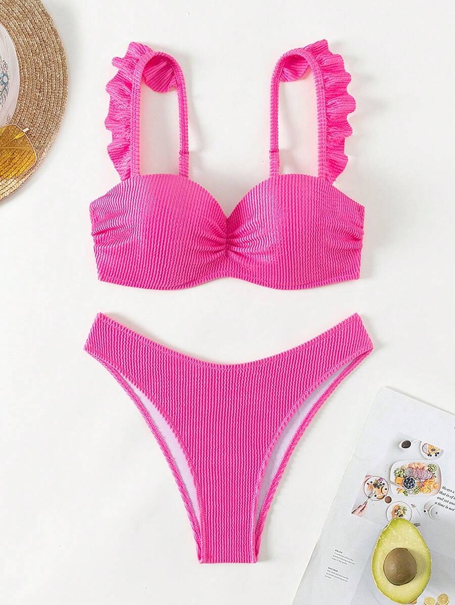 Women's Pink Ruffle Trim Bikini Set, Beach Outfit Bathing Suit Summer - Hot Pink - View 1