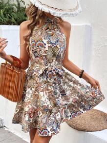 SHEIN Frenchy All-Over Printed Waist-Cinching Frilled Hem Sleeveless Dress - Apricot - View 6