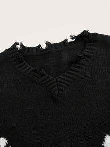 SHEIN EZwear Women's Sweater With Cross Pattern And Frayed Edges,Long Sleeve Tops - Black - View 3