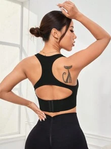 Easithlete 女式純色鏤空背部運動胸罩 - 黑色 - 查看 5