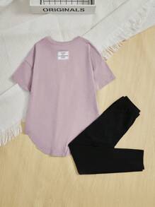 SHEIN 2 piezas/conjunto de atuendos casuales para niñas preadolescentes con parte superior y pantalones holgados de hombro caído con estampado de letras