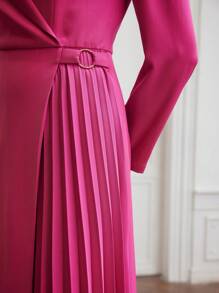 MOTF PREMIUM WOMEN'S PLEATED A-LINE DRESS WITH POINTED COLLAR, WOVEN FABRIC - Hot Pink - View 3