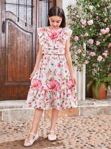 SHEIN Tween Girls' Floral Printed Sleeveless Shirt With Ruffled Collar And Backless Design & Ruffle Trim Skirt Two Pieces Set - Multicolor - View 3