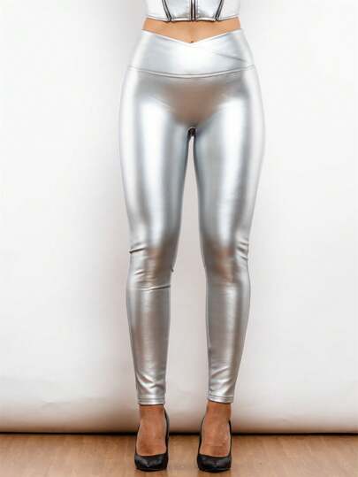 Shascullfites Melody X Cross Silver High Waist Leather V Shape Leggings Metallic Leggings Sexy Woman Clothing