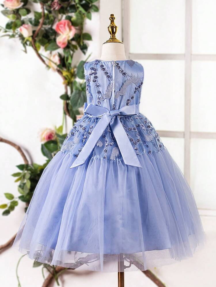 Glitter Embroidered Mesh Puff Princess Dress For Young Girls, Suitable For Birthday Parties, Evening Parties, Performances, Weddings, All Seasons