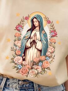 INAWLY 短袖 T 恤，带有圣母玛利亚图案，图形 T 恤女式上衣 - 卡其色 - 查看 3