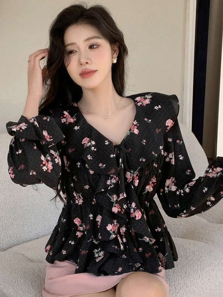 Floral Print Ruffle Edged Long Sleeve Blouse With Belt Vacation Outfits Women Easter Boho