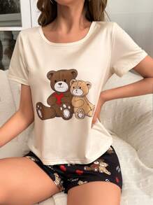 Cute Women's Knitted Bear Print Round Neck Regular Sleeve Pajama Set With Mini Shorts