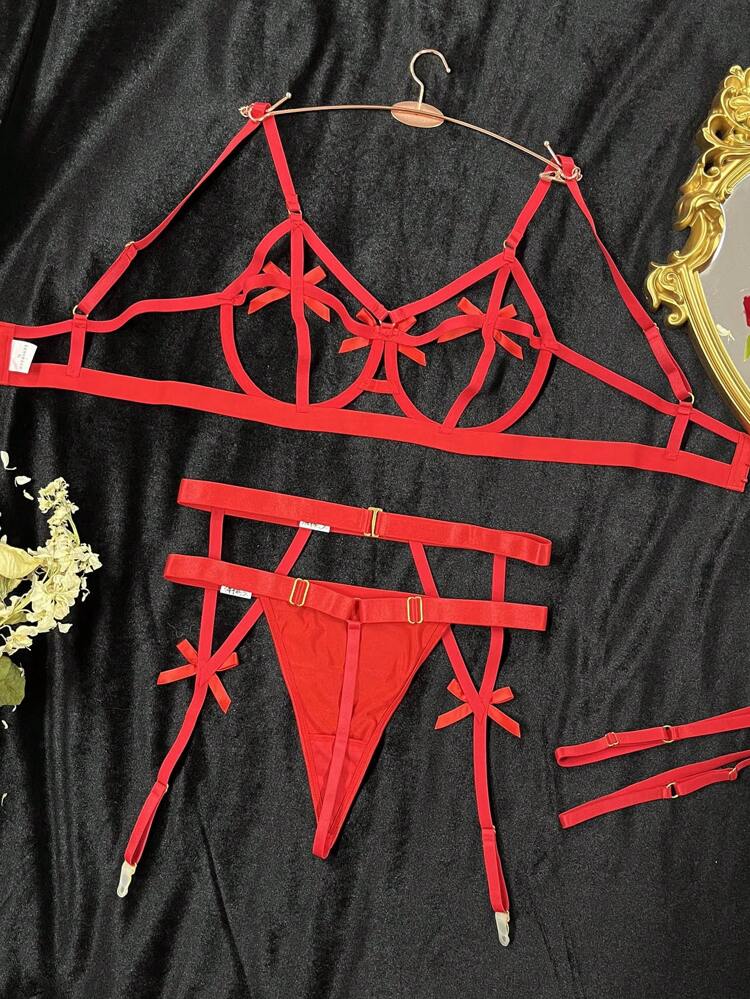 Women's Sexy Lingerie Set (Underwire Bra, Thong Panties, Waist Cincher, 2 Leg Garters) 5pcs