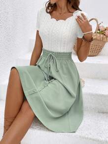 SHEIN Frenchy Damski Brzeg Scallop Krótki Rękaw Koszulka  I Zestaw spódnic