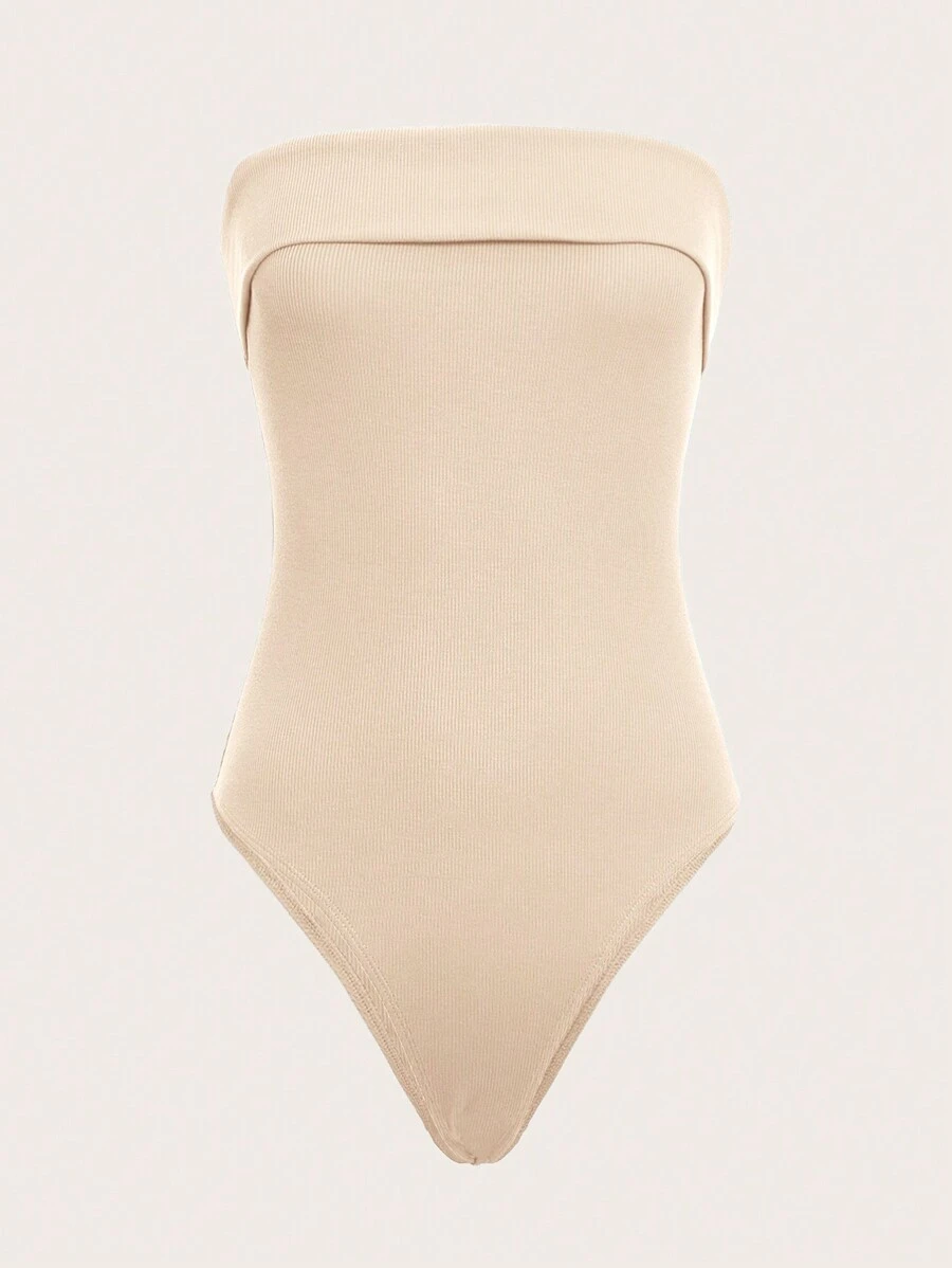 SHEIN EZwear 純色針織無肩帶連身衣 - 米色 - 查看 1