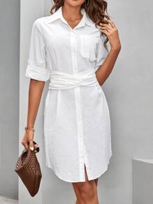 SHEIN Clasi Của phụ nữ Eo Ruffle Nút xuống Váy sơ mi - trắng - Xem 6