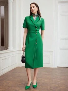 MOTF PREMIUM WOVEN SOLID COLOR WOMEN'S DRESS WITH POINTED LAPEL AND BUTTON - Green - View 8