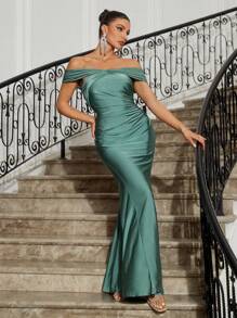 SHEIN Belle Women's Solid Color Off Shoulder Twist Design Mermaid Hem Evening Dress - Green - View 5