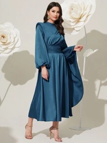 Modelyn 女士长款灯笼袖垫肩腰褶皱阿拉伯朴素连衣裙长款晚礼服 - 水鴨藍 - 查看 4