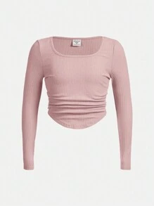 兒童女孩純色方領蓬蓬裙t恤 - 淺粉色 - 查看 1