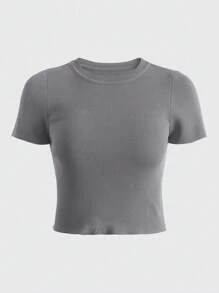 Camiseta corta de punto de costilla de unicolor y versátil informal - Gris - Ver 1