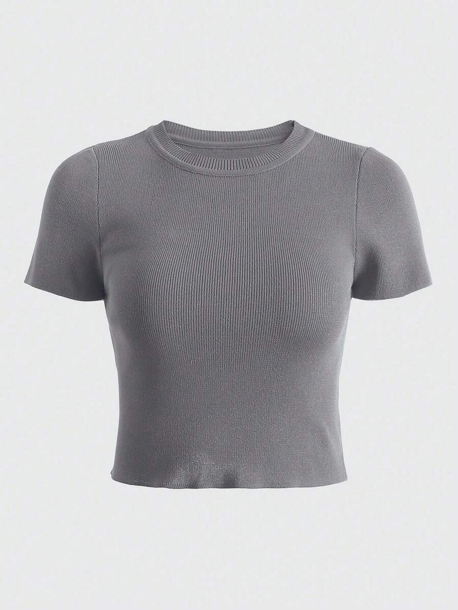 Camiseta corta de punto de costilla de unicolor y versátil informal - Gris - Ver 1