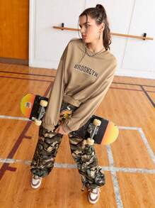 SHEIN Sports Women's Drop Shoulder Athletic Sweatshirt With Letter Print - Khaki - View 5