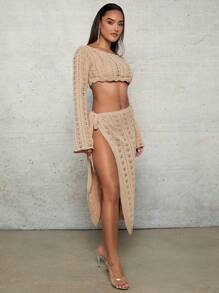 SHEIN BAE Áo che Màu Quả mơ Đan bằng móc Rỗng Cái nĩa cao Dây đeo Mùa Xuân Và Mùa hè Ngày lễ Quần áo Nhìn xuyên qua Của phụ nữ Váy - Màu be - Xem 7