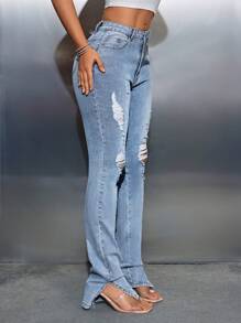 Women'S Distressed High Slit Hem Denim Pants - Blue - View 1