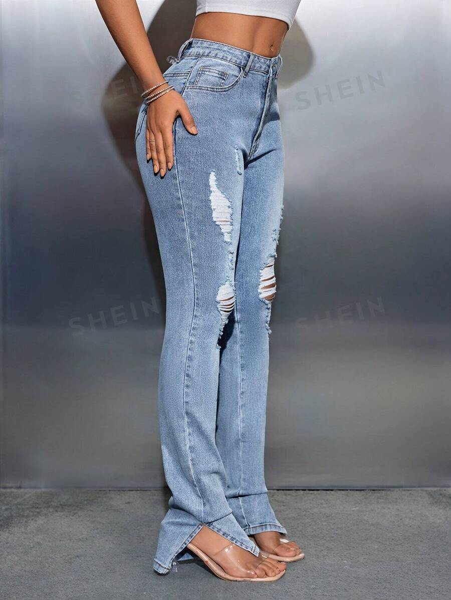 Pantalones Vaqueros Desgastados Con Dobladillo Alto Y Abertura Para Mujer - Azul - Ver 1