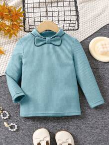 Young Girls' Long Sleeve T-Shirt With Color Block And Bow Detailing On Front - Blue - View 1
