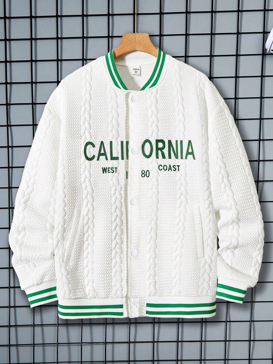 Teen Boy Letter Embroidered Texture Button-Up Baseball Jacket - White - View 1