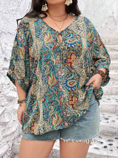 SHEIN CURVE+ Plus Size Spring Break Peplum Hem Paisley Printed Blouse With Necktie