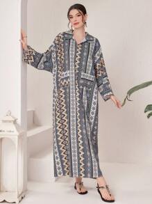 Al Najma Geometric Printed Batwing Sleeve Dress Kaftan Jalabiya Dress - Multicolor - View 5