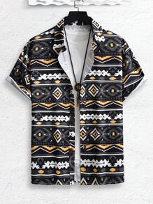 Manfinity Homme Camisa de manga corta con estampado geométrico colorido y botones delanteros, estilo bohemio, para regalo de novio - Multicolor - Ver 2