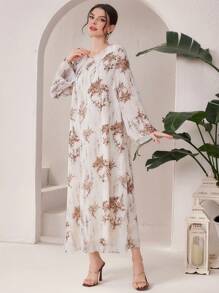 Al Najma Loose Casual Printed Notched Neck Modest Long Sleeve Dress - Apricot - View 8